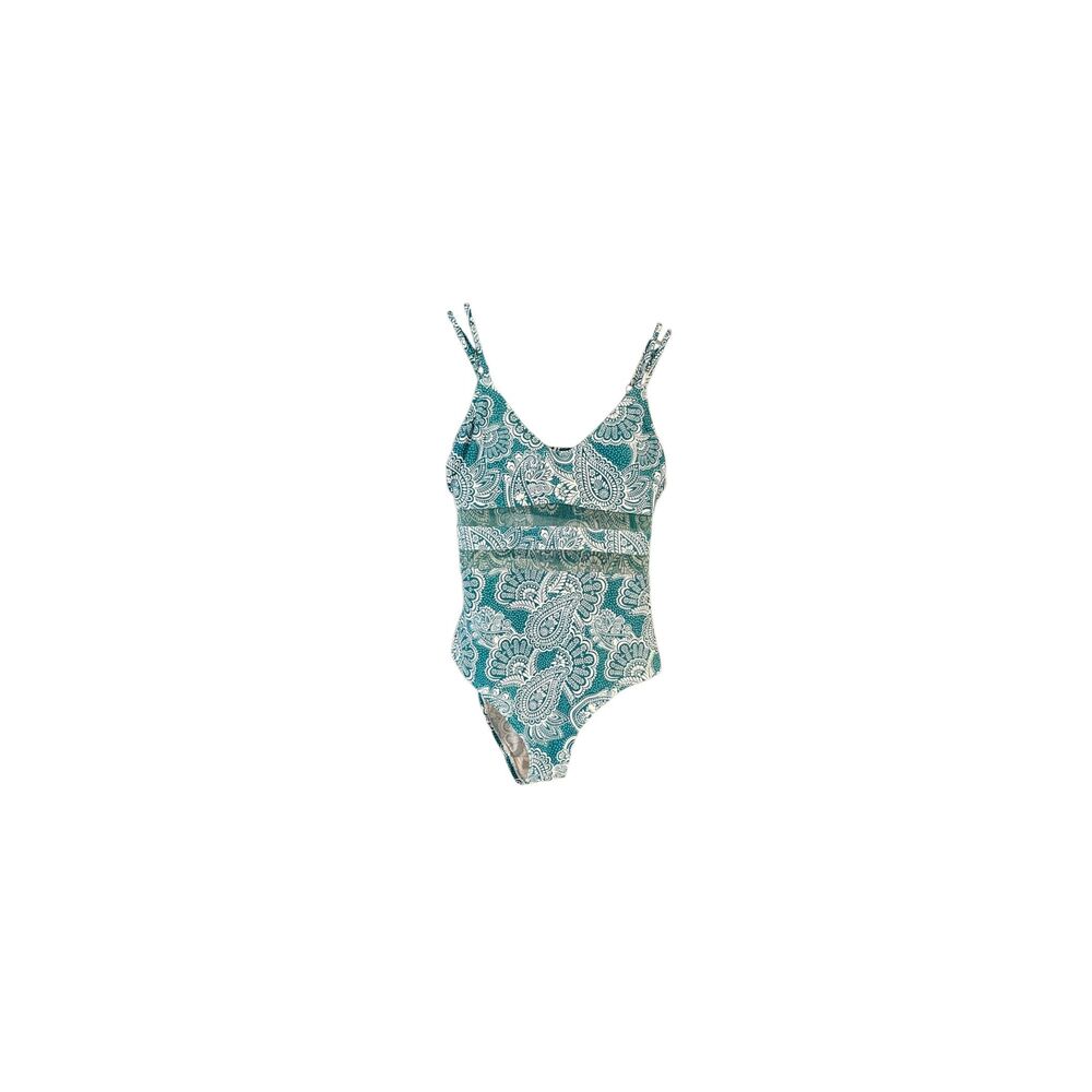 Kona Sol teal and white floral one piece swimsuit with sheer banded middle - S